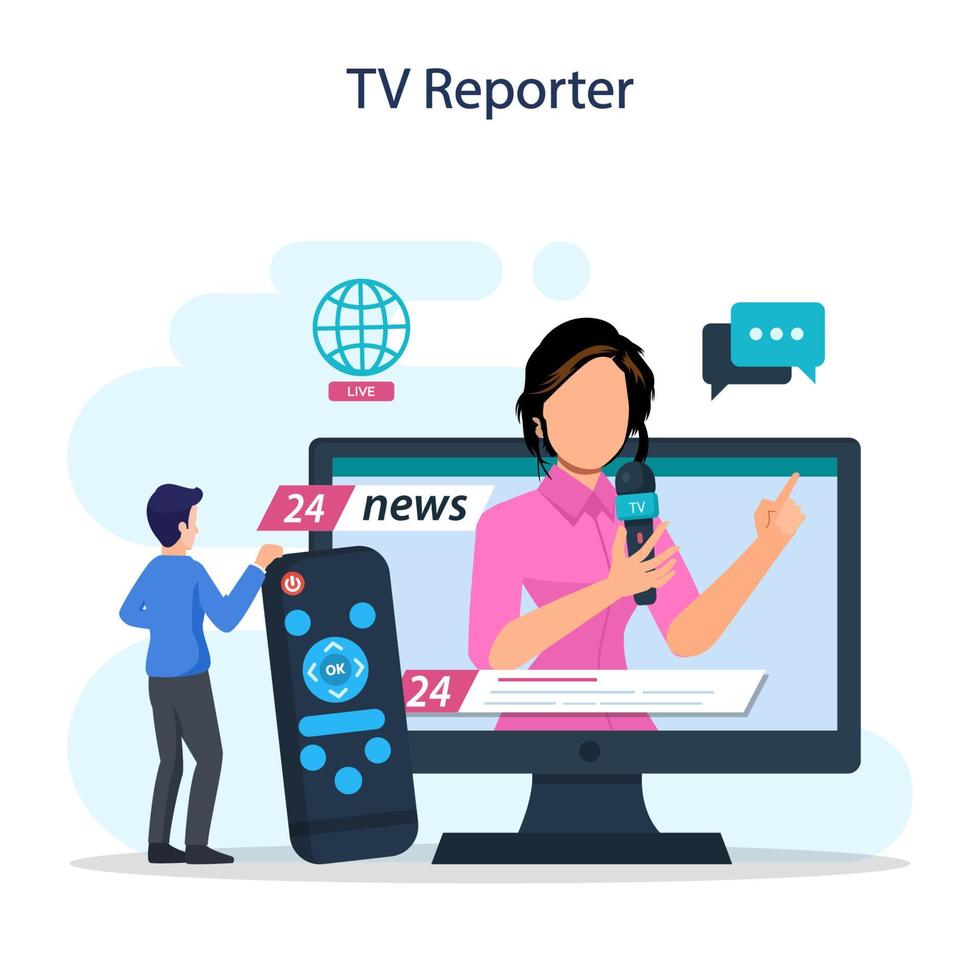 TV presenter concept. Television host in studio. Broadcaster speaking on camera, reporting news. Flat vector illustration