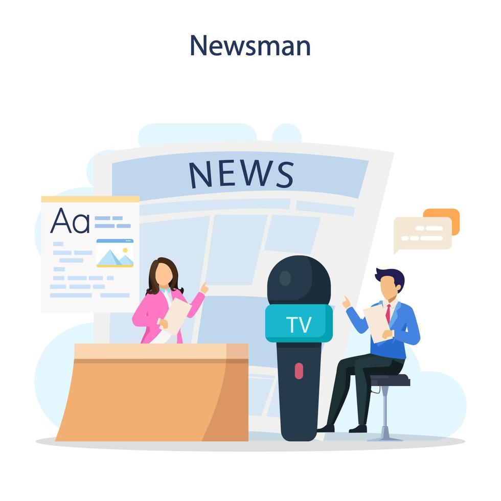 TV presenter concept. Television host in studio. Broadcaster speaking on camera, reporting news. Flat vector illustration