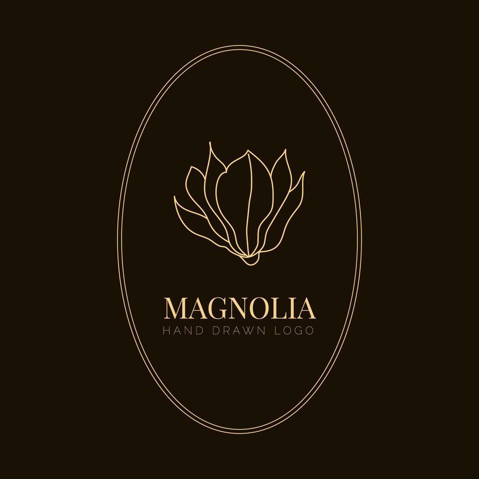 ilustración simple del logo de la flor de magnolia para bienes raíces. emblema floral botánico con tipografía sobre fondo marrón vector