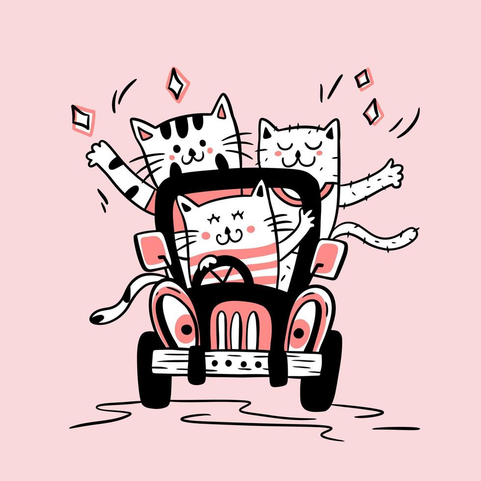 three cute cats with car illustration vector