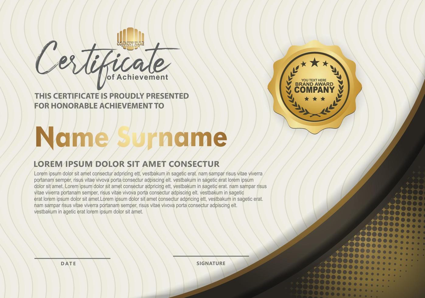 luxury and elegant certificate template with halftone texture on curved shape ornate and modern pattern background vector