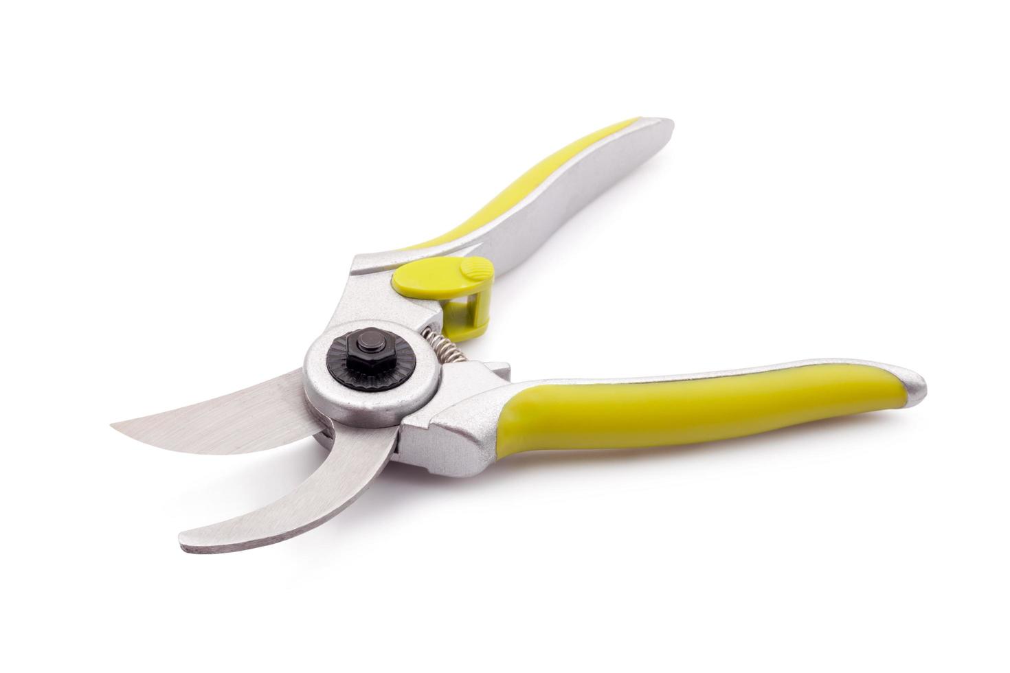 green garden secateurs isolated on a white background photo