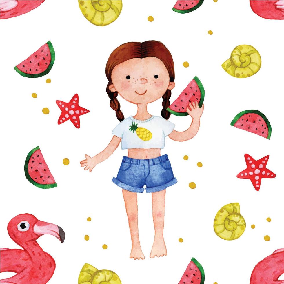 watercolor seamless pattern. character girl on the beach, cute baby on the sea with watermelon and toys vector