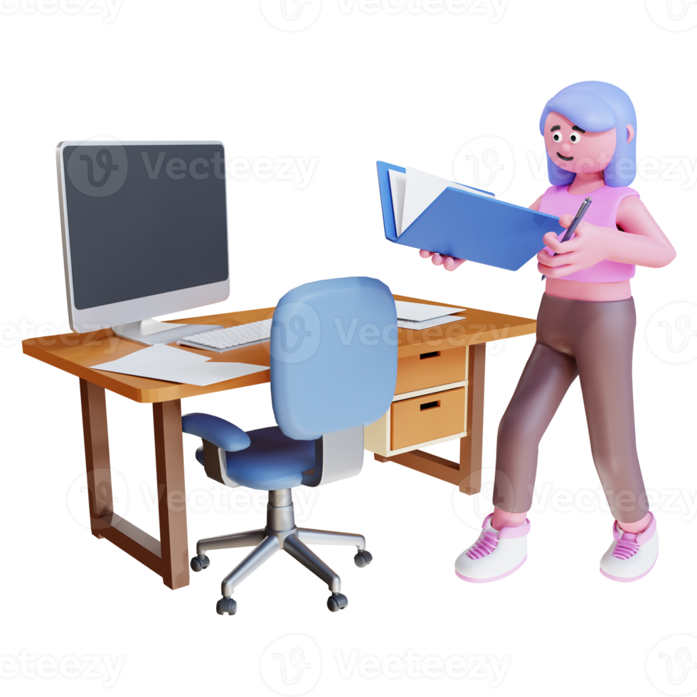 3d render character working on desktop work from home png