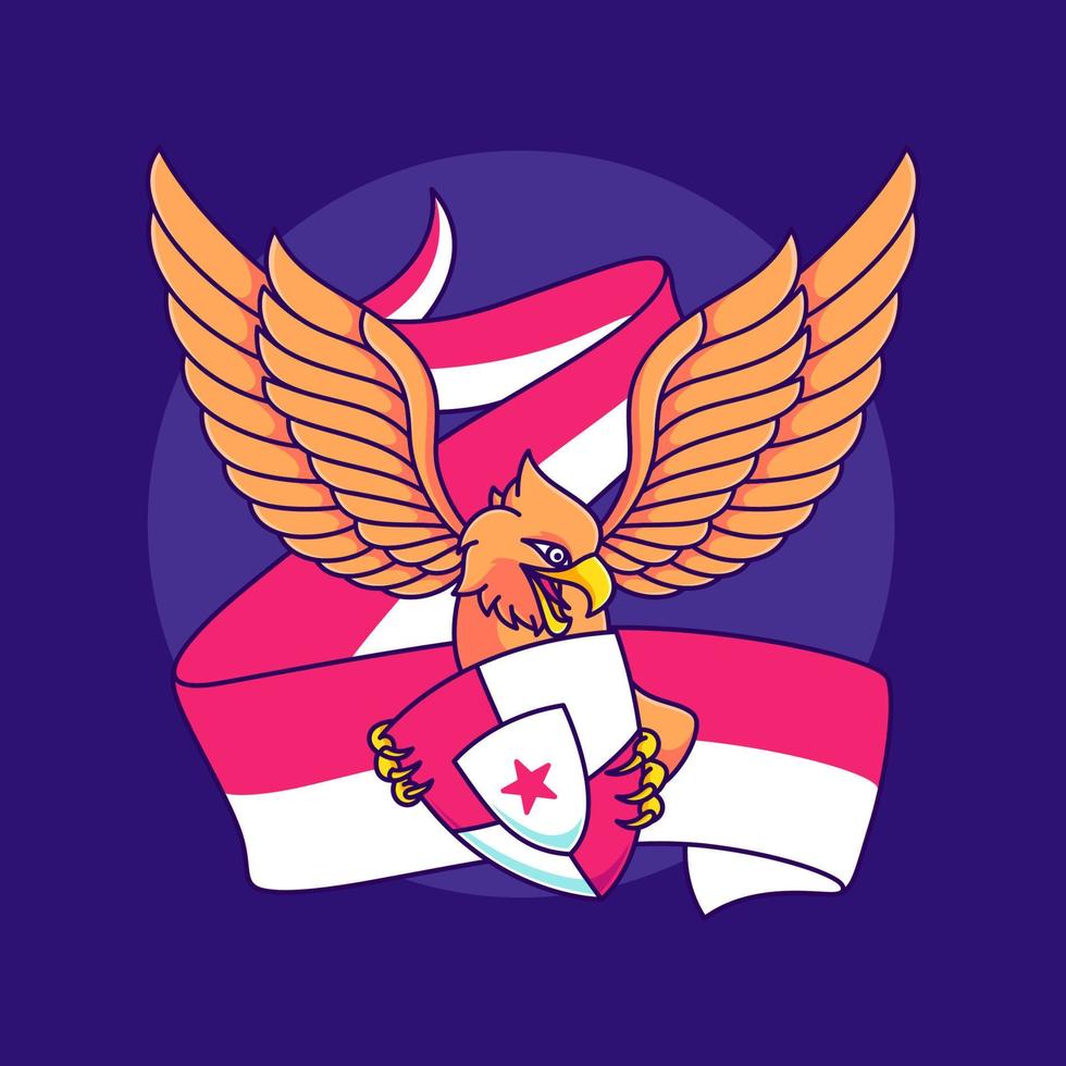 cute eagle carrying red and white flag cartoon icon illustration vector