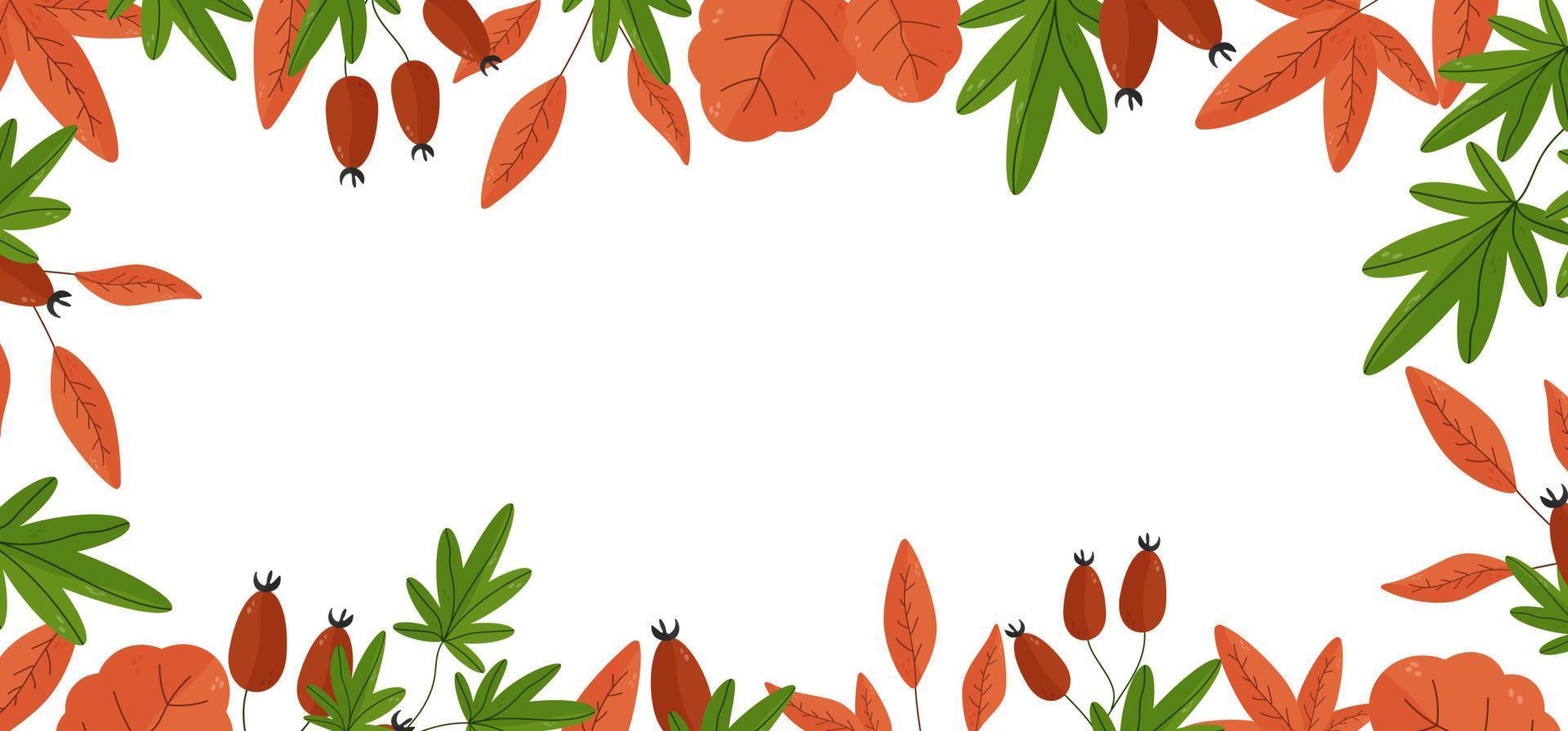 Autumn background for text with leaves, nuts, acorns, berries, seasonal elements. Square frame template. Vector illustration with botanical elements