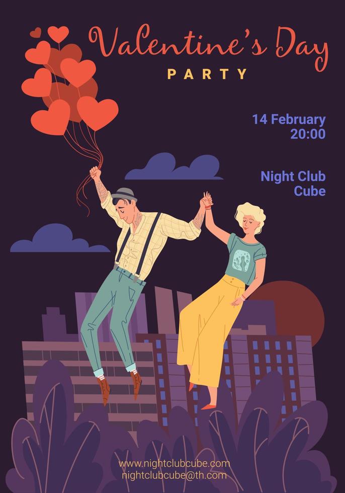 Flat cartoon characters in love,Valentine Day party flyer vector illustration