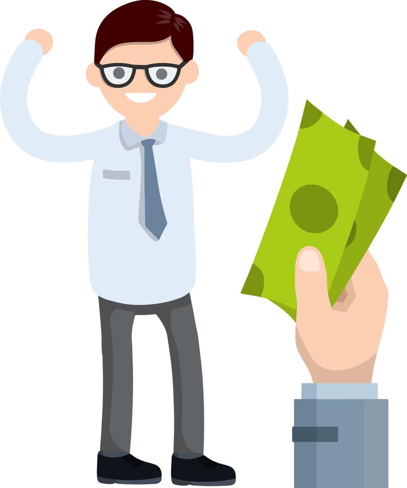 Office worker in white shirt. Bunch of green money. Happy man. Cartoon flat illustration. Payment and business vector