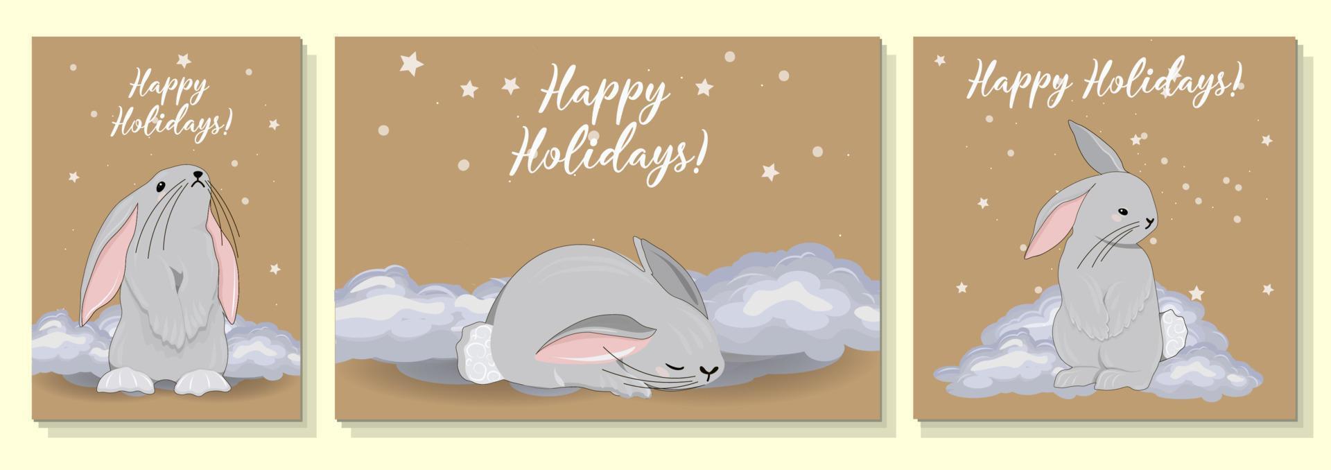 colección de postales 2023. felices fiestas. conejito de signo zodiacal, año del conejo. personaje de conejito lindo en el fondo artesanal. cartel de navidad vector