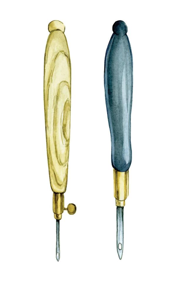 imágenes prediseñadas de acuarela. herramientas de bordado de alfombras. herramienta de punzonado. aislado en artículos de fondo blanco para bordado, costura. vector