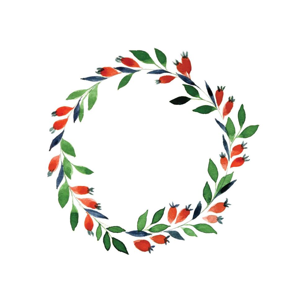 lindo dibujo de acuarela, corona de navidad. corona de hojas verdes y bayas rojas, simple dibujo de acuarela para la decoración del año nuevo, navidad, vacaciones de invierno vector