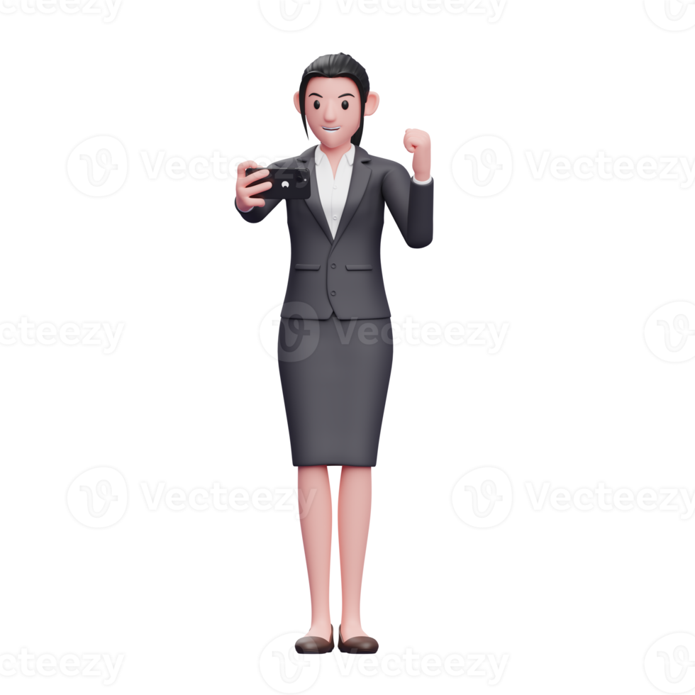 Business woman in formal suit celebrating, 3d render character illustration png