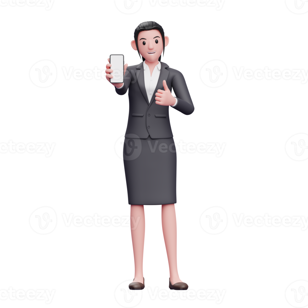 mujer de negocios en traje formal da pulgares hacia arriba y muestra la pantalla del teléfono, ilustración de personaje de representación 3d png