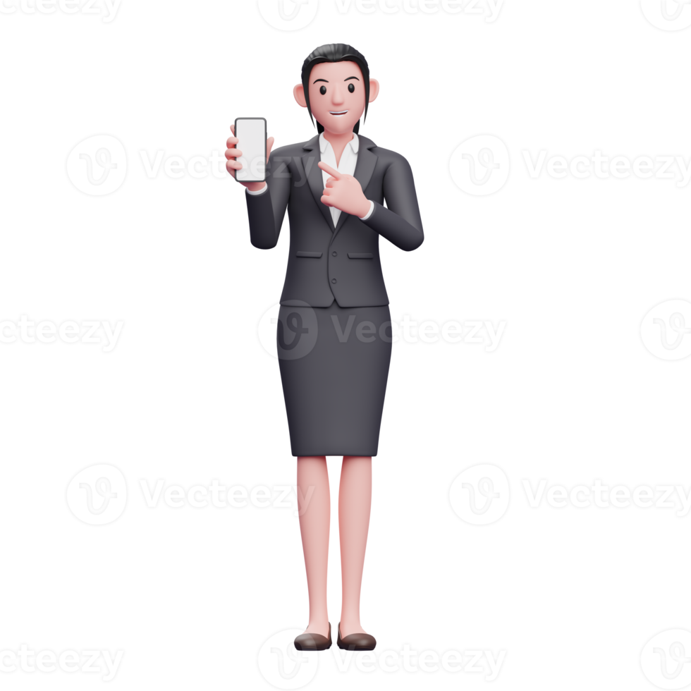 Business woman in formal suit pointing to phone screen, 3d render character illustration png