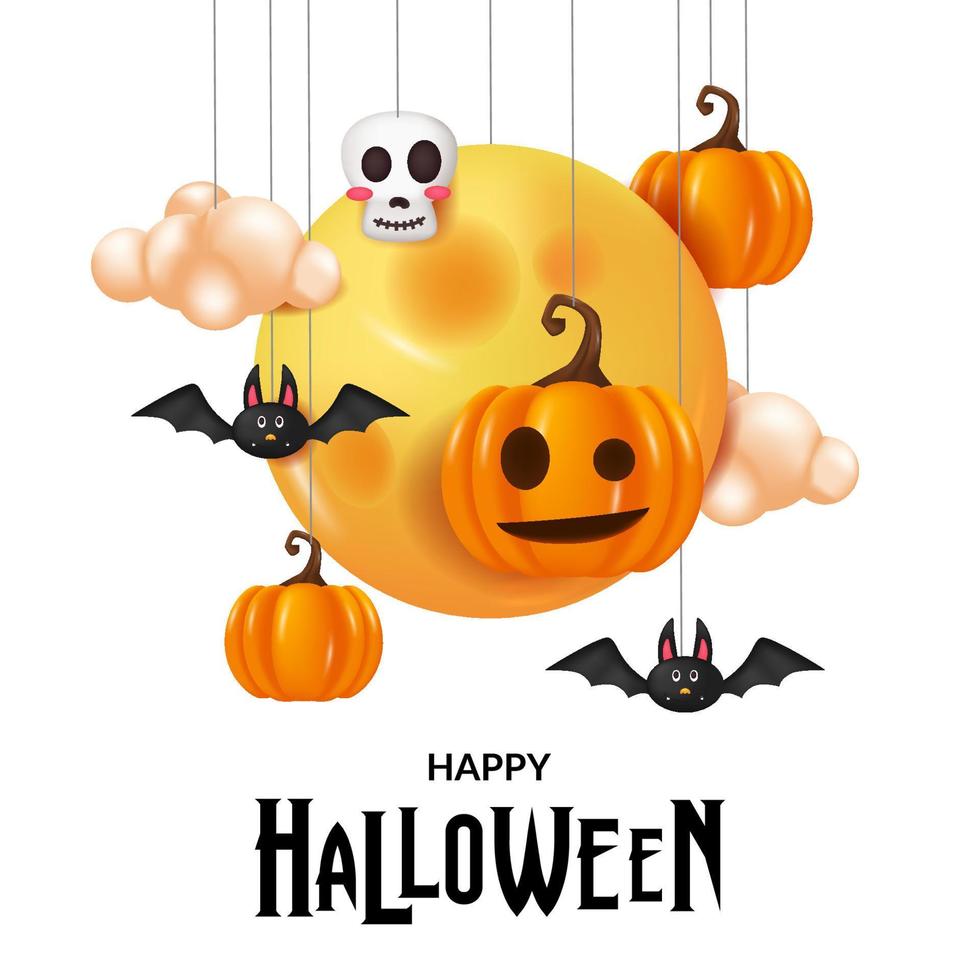 Happy halloween greeting card with illustration of 3d cute character pumpkin jack o lantern, moon, skull, and bat vector