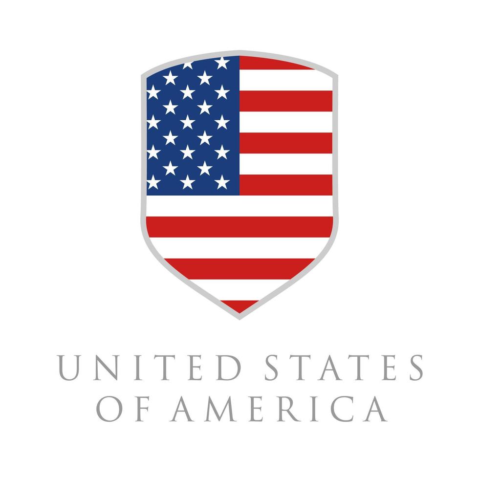 Vertical USA flag in shield shape vector illustration. United States America flag in shield shape.