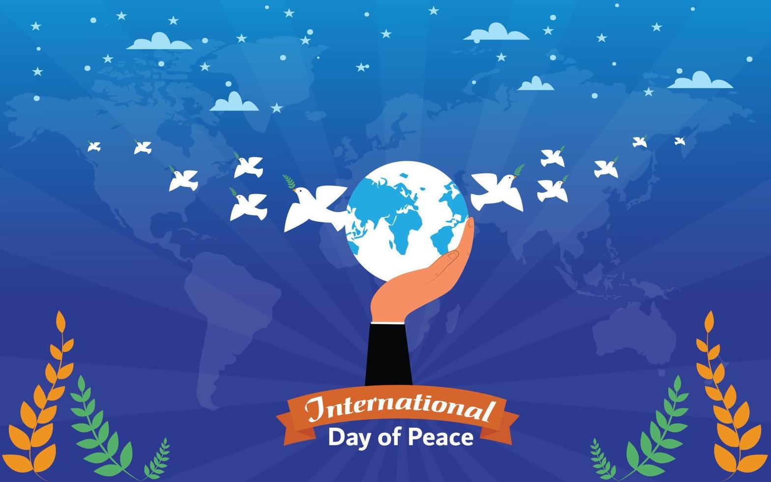 International day of peace banner poster with white bird and olive branch in clear blue sky, vector illustration