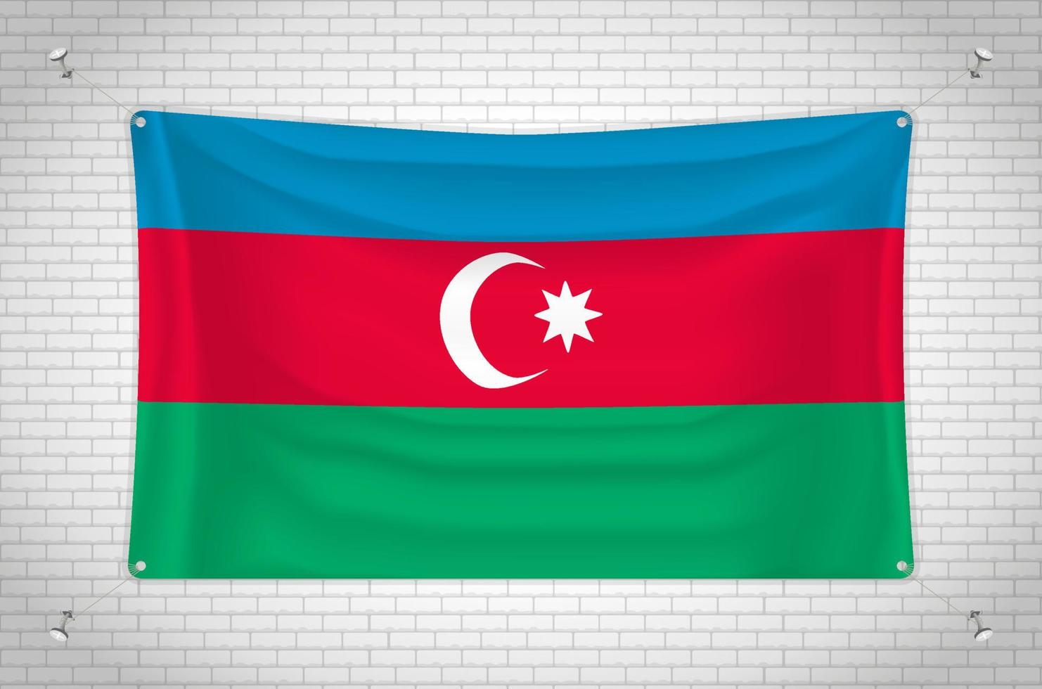 Azerbaijan flag hanging on brick wall. 3D drawing. Flag attached to the wall. Neatly drawing in groups on separate layers for easy editing. vector