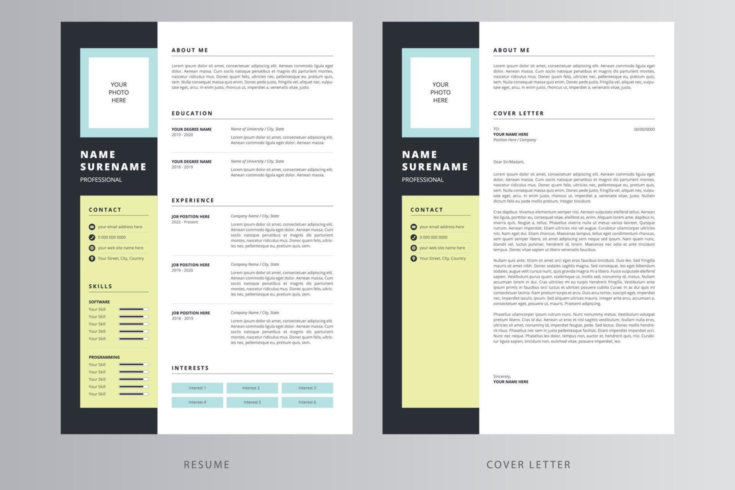 Professional Resume or CV and Cover Letter Template. Pro Vector