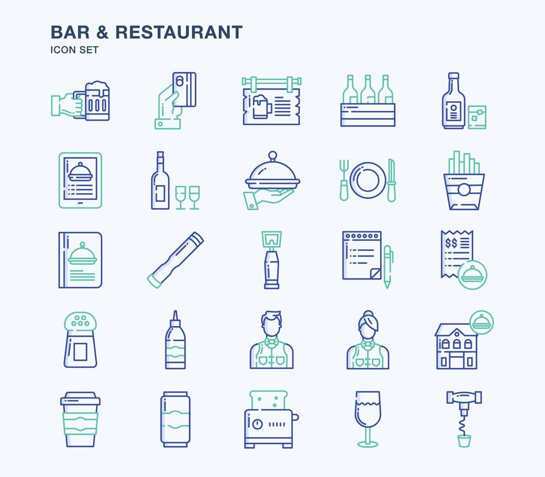 Bar and Restaurant outline coloured icon set vector