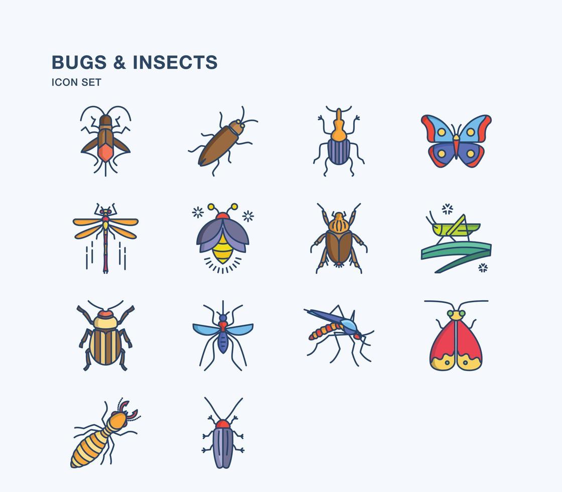 Bugs and Insects linear coloured icon set vector