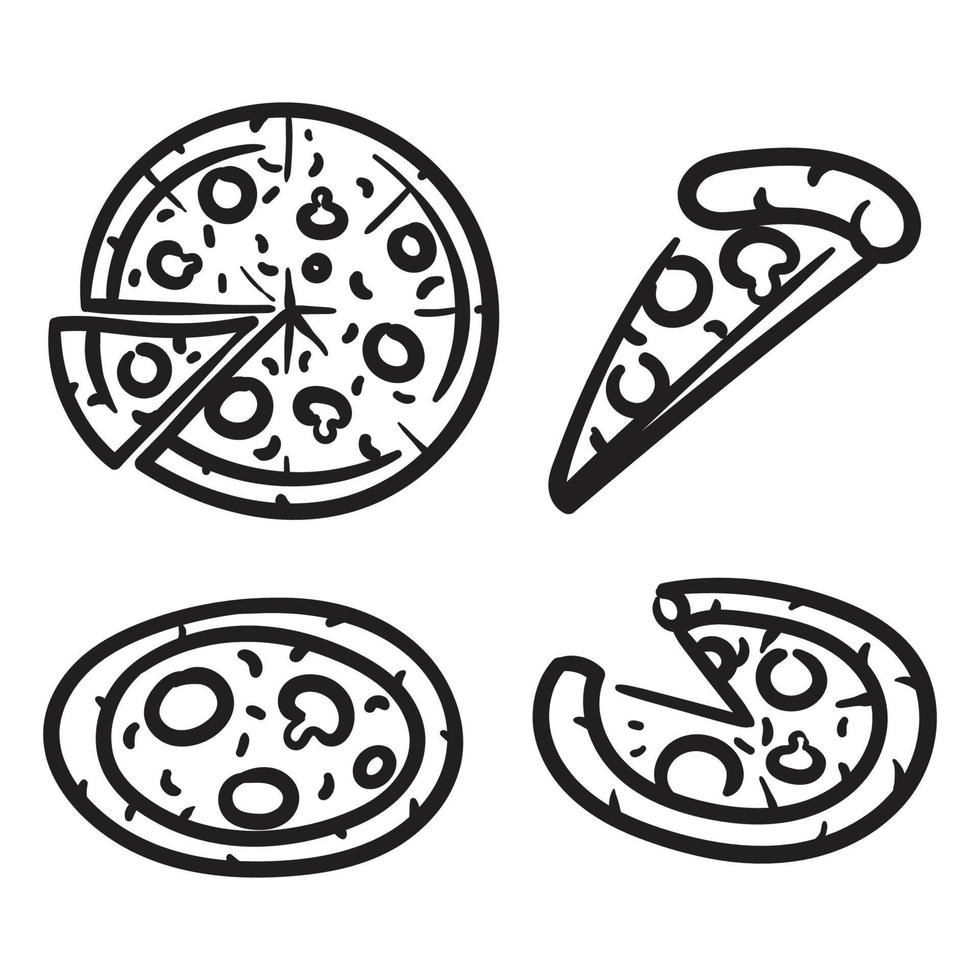 Hand drawn sketch style pizza set. Different types of pizza. Whole and pieces with melted cheese. Best for menu design and packaging. Vector illustrations.