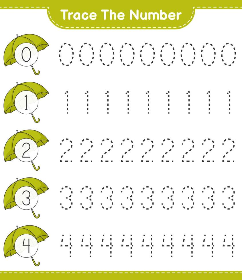 Trace the number. Tracing number with Umbrella. Educational children game, printable worksheet, vector illustration