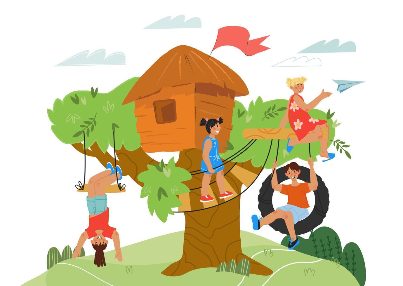 Summer camping scene with people tourists sit around bonfire and singing songs. Adventure time and recreation activity, active leisure on nature and travel. Flat cartoon vector illustration.