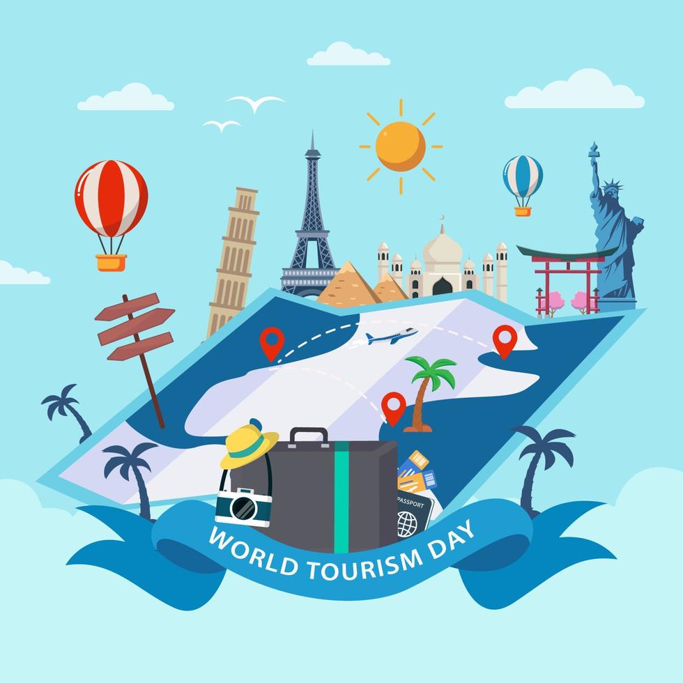 World Tourism Day. The inscription on the globe. Around the monuments of architecture. Flat vector illustration