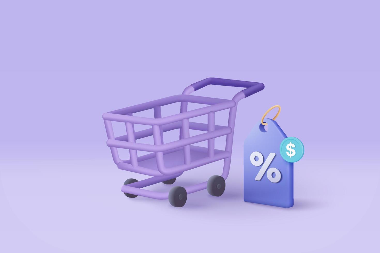 3D shopping cart with price tags for online shopping and digital