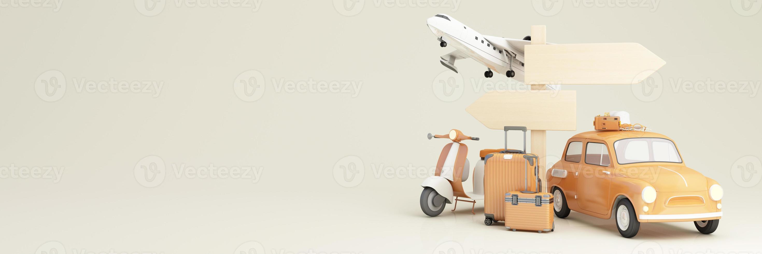 Travel and adventure and departure concept In summer, surrounded by luggage, camera, sunglasses, hat with scooter car and airplane and world map. pastel tones on web banner form. cartoon -3d render photo