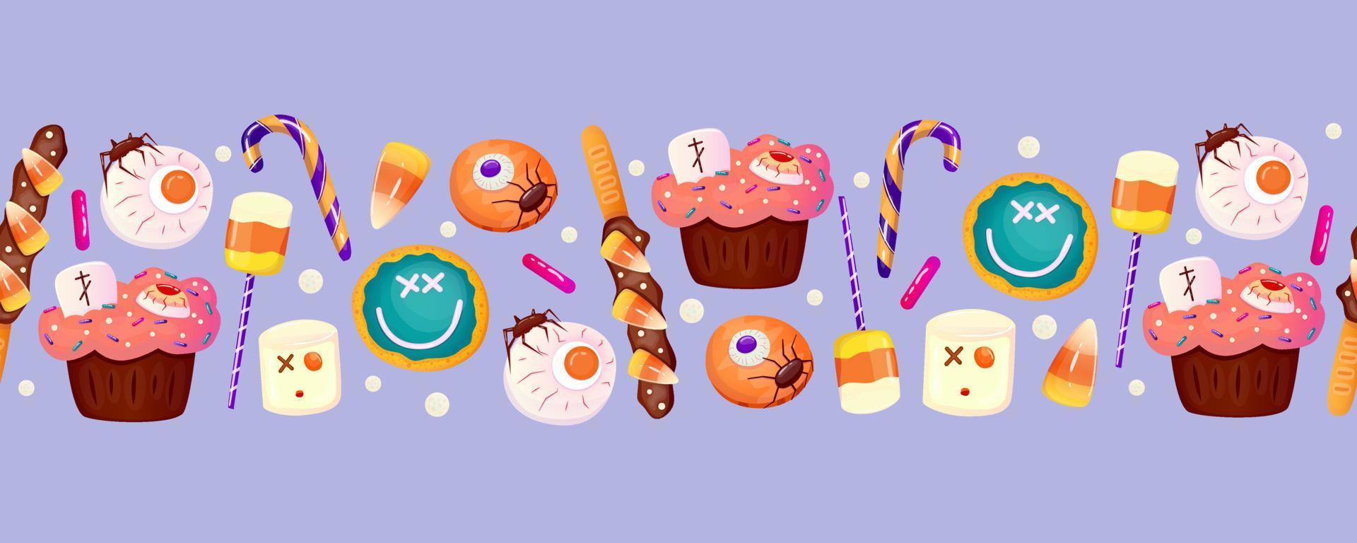 Halloween border with sweet dessert eyeball, cake and lollipop. Autumn vector background. Vector cartoon design. Halloween sweet, round cookie, spooky cake.