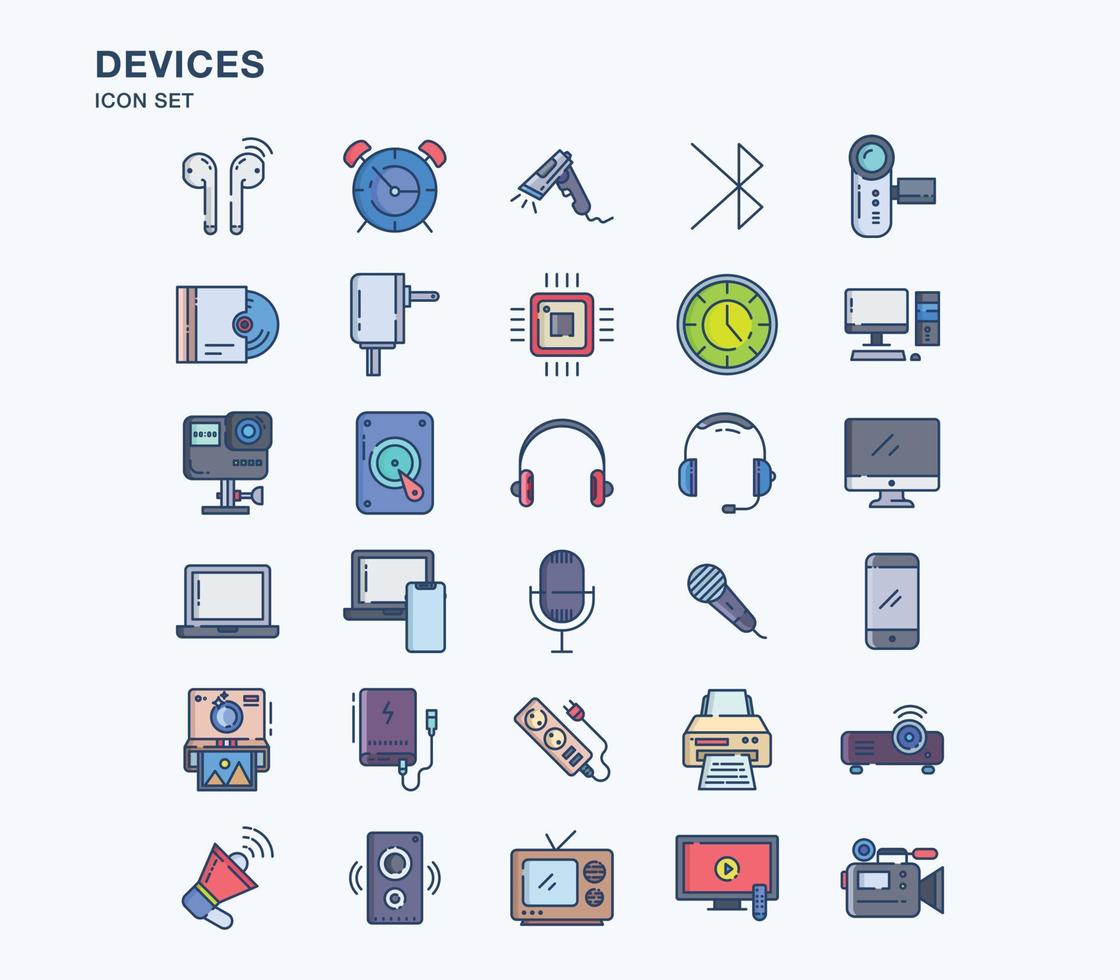 Devices and gadgets linear coloured icon set vector