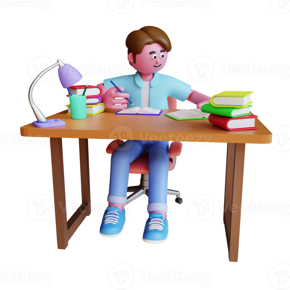 3d render man learning study with book png