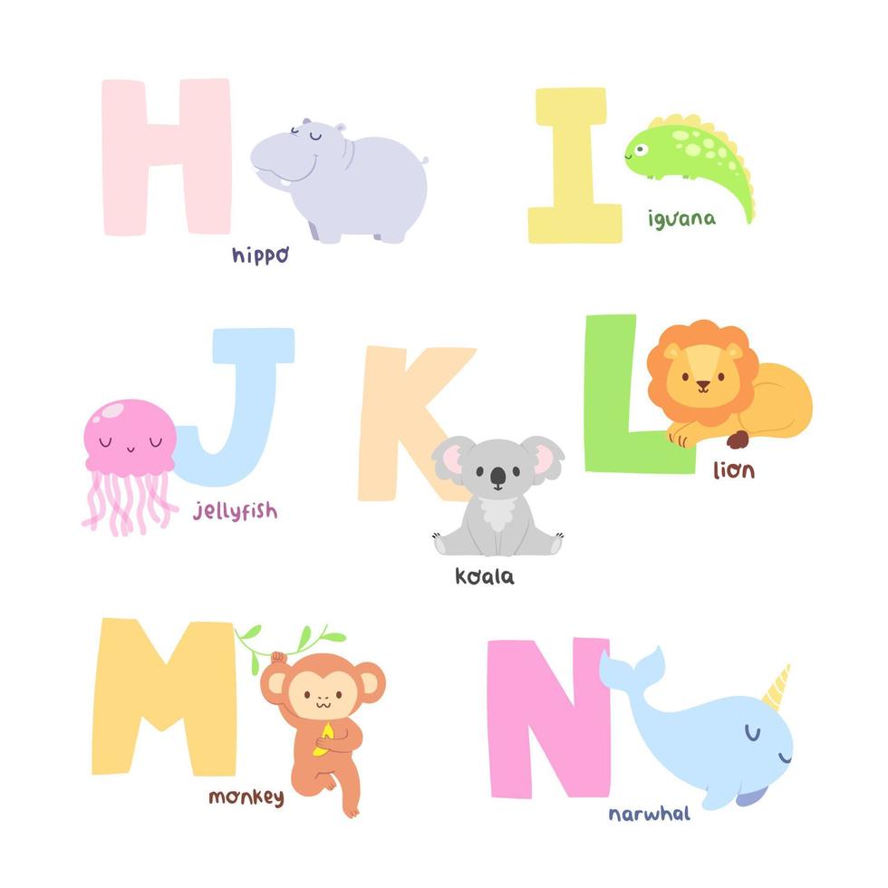 Cute Animal Alphabet H-N Vector Illustration