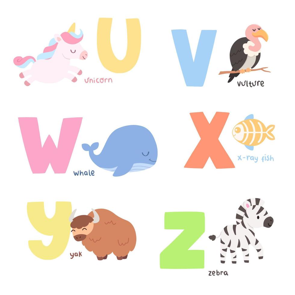 Cute Animal Alphabet U-Z Vector Illustration