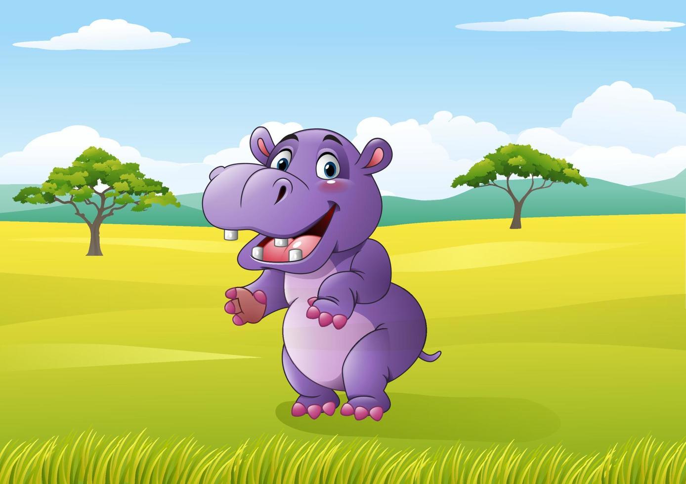 Cartoon funny hippo in the African landscape vector