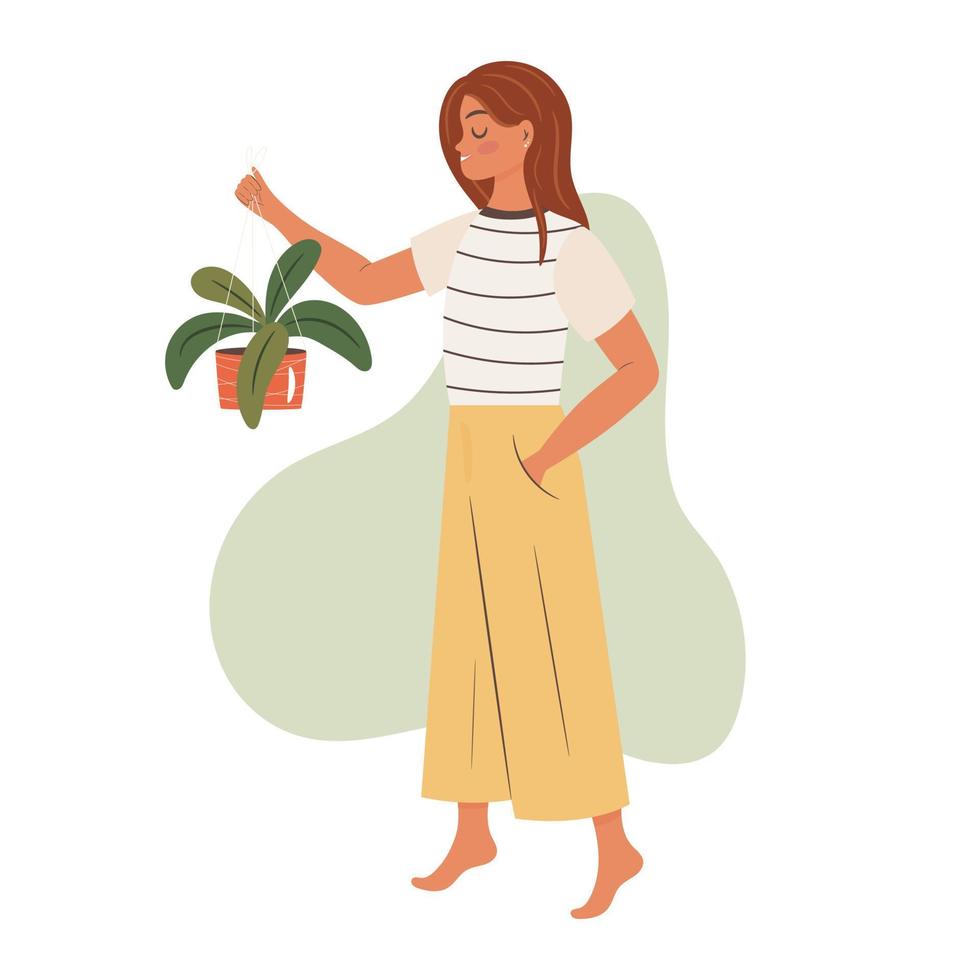 Girl taking care of a plant vector
