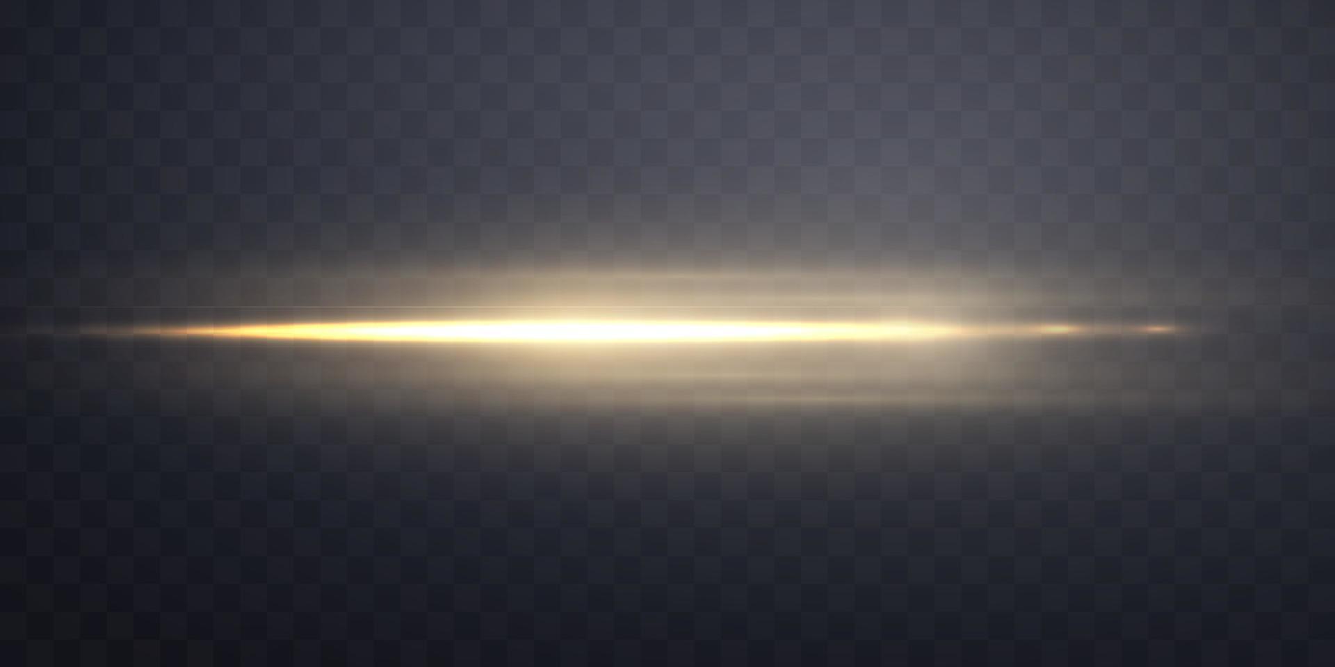 Gold horizontal lens flare. Sun flash with rays or gold spotlight and bokeh. Yellow glow flare light effect. Vector illustration.