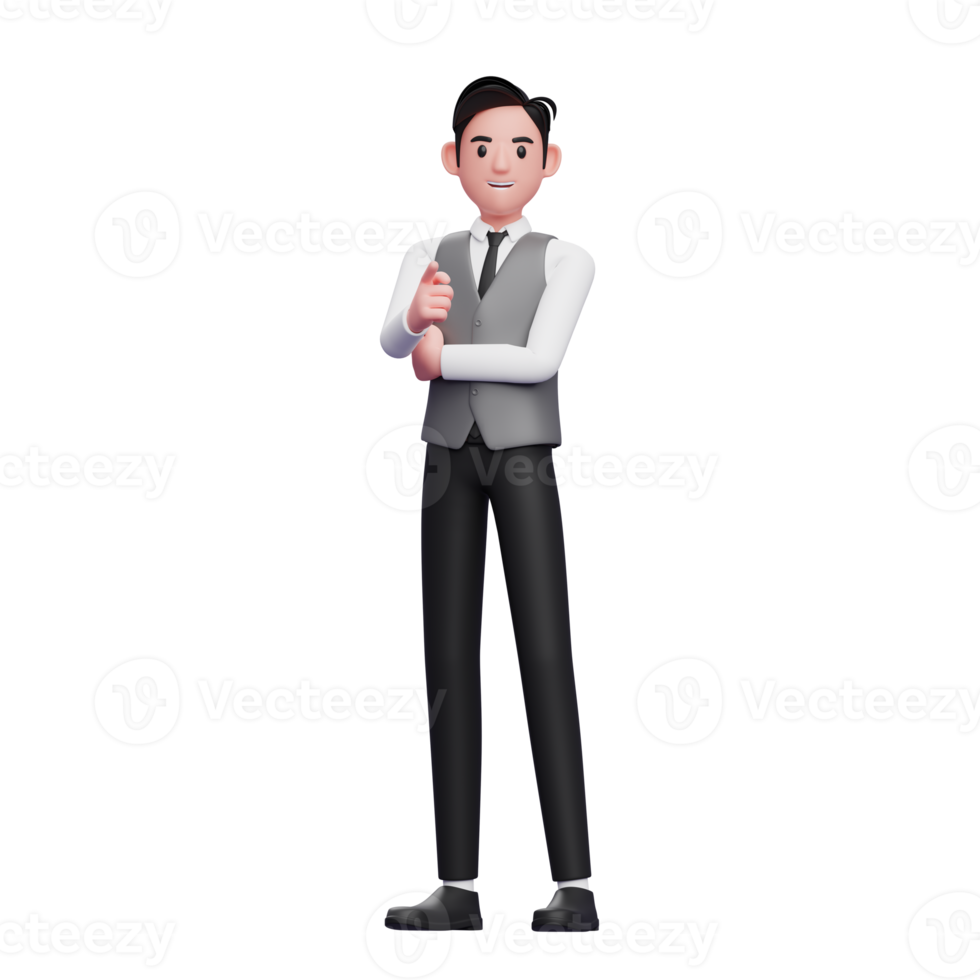 man pointing at camera wearing a gray office vest png