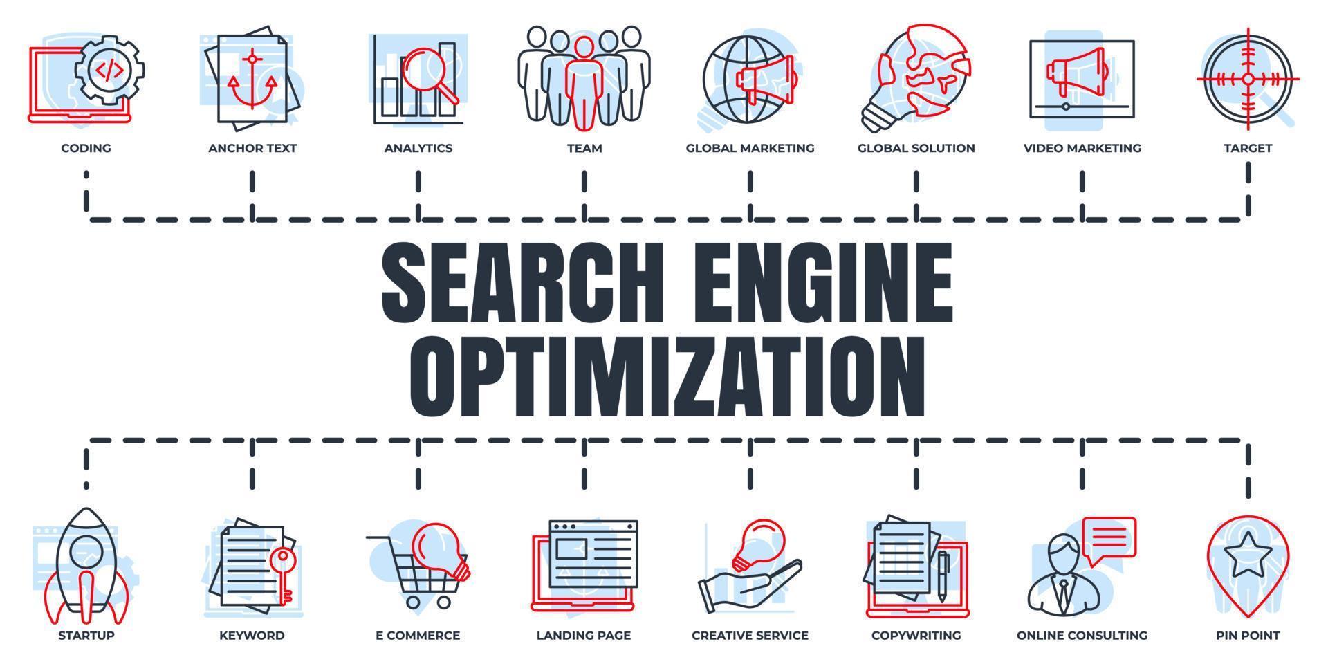 optimización de motores de búsqueda. conjunto de iconos web de banner seo. texto de anclaje, escritura de copias, comercio electrónico, codificación, punto de referencia, concepto de ilustración vectorial de consultoría en línea. vector