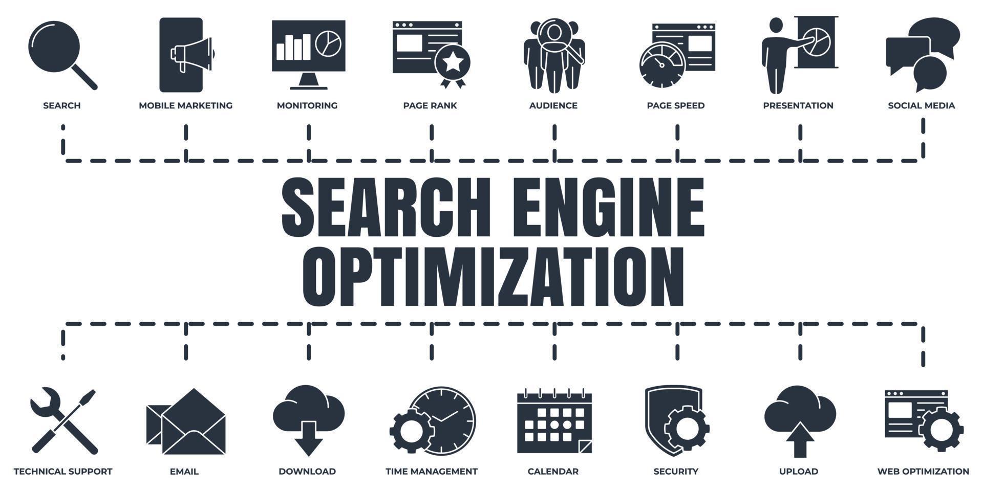 optimización de motores de búsqueda. conjunto de iconos web de banner seo. optimización web, descarga, correo electrónico, redes sociales, calendario, presentación, concepto de ilustración vectorial de audiencia. vector