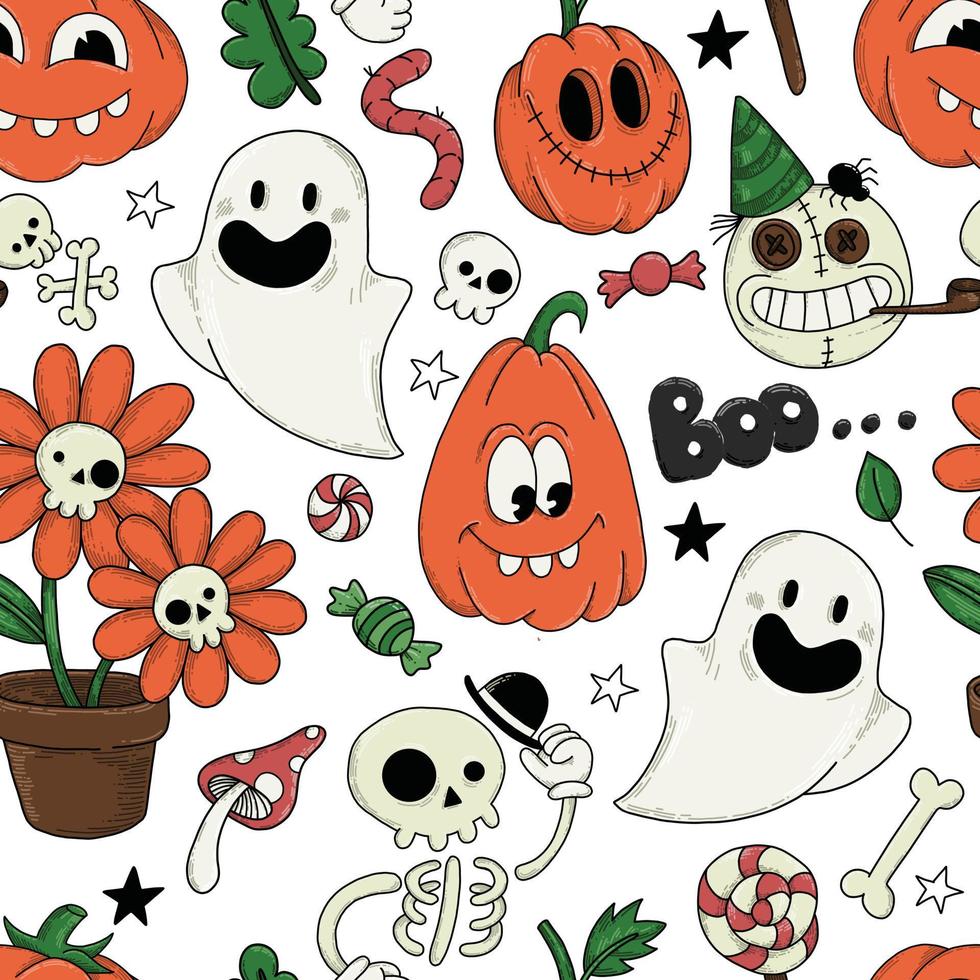vector seamless pattern for halloween. cute characters, ghosts, pumpkins, skeletons on a white background. print for kids