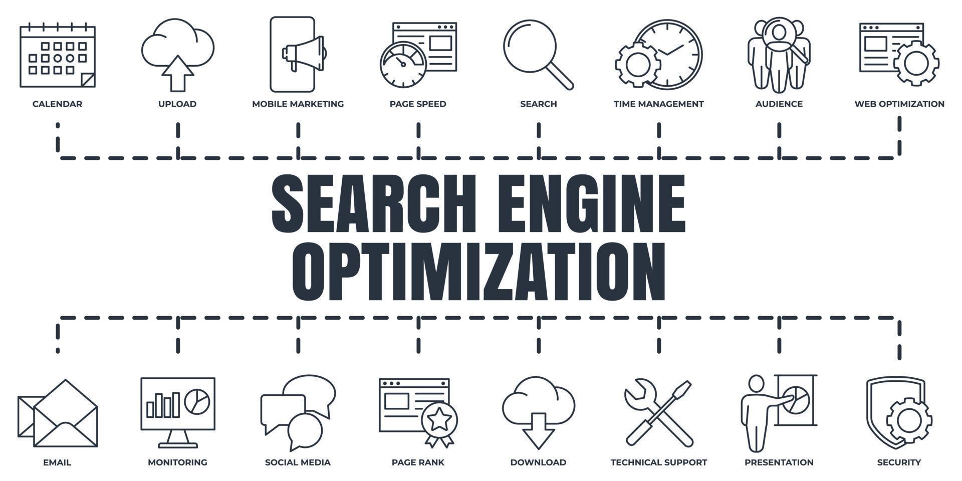 Search Engine Optimization. SEO banner web icon set. web optimization, download, email, social media, calendar, presentation, audience vector illustration concept.