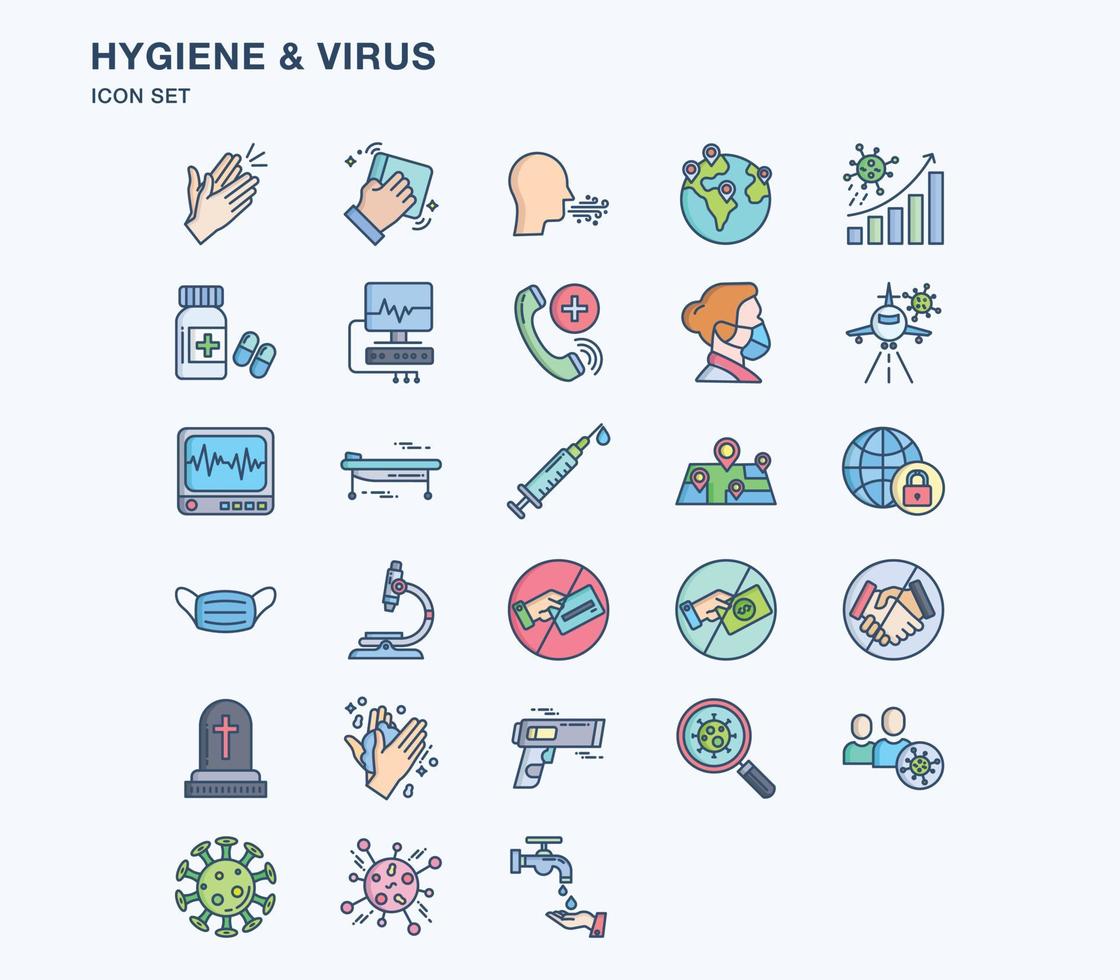 Hygiene and covid virus linear coloured icon set vector