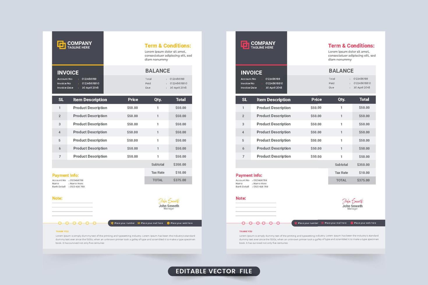 factura de compra digital y diseño de recibo de efectivo con tonos oscuros. vector de plantilla de factura para negocios y tiendas. plantilla de recibo de pago con colores rojo y amarillo. factura de factura de papelería comercial.