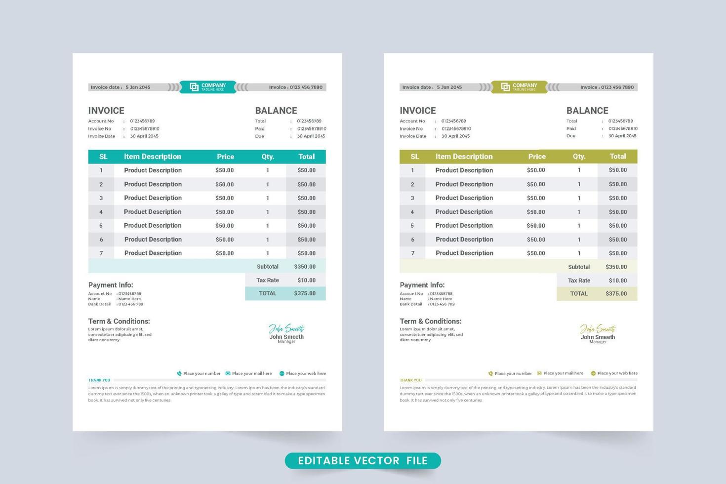 Minimal invoice template vector for business bill calculation. Payment agreement and invoice bill template with dark cyan and yellow color. Product buy and sell price receipt design with product info.