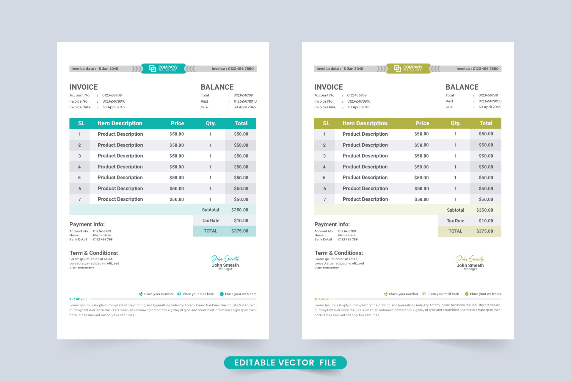 Minimal invoice template vector for business bill calculation. Payment agreement and invoice