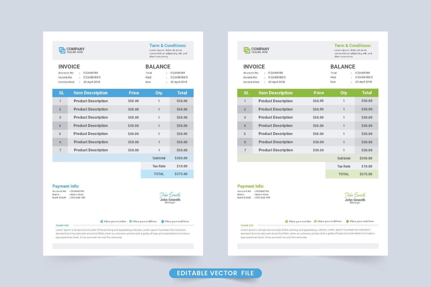 decoración de plantilla de factura con colores verde y azul cian. recibo de efectivo y plantilla de factura para empresas. papelería comercial y plantilla de recibo de pago. diseño creativo de facturas de compra. vector