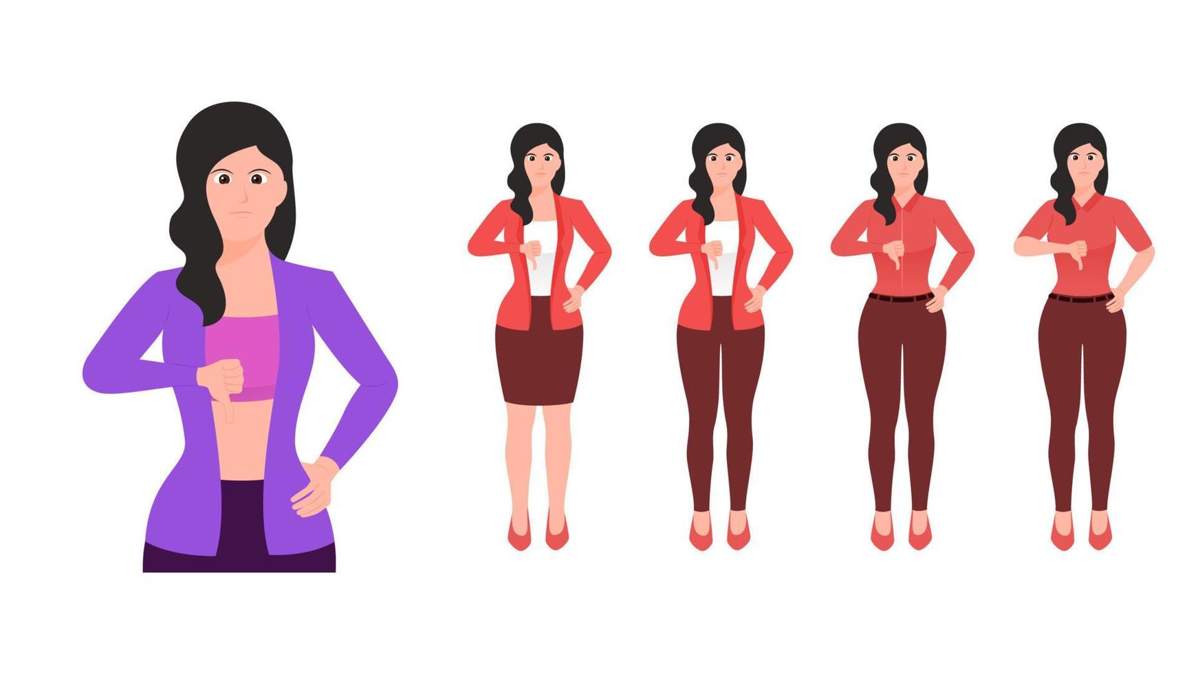 disappointed women shows thumb down gesture flat vector illustration. flat hand gesture vector